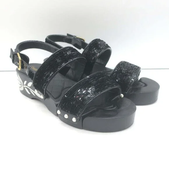 Chanel 16C Sequin Slingback Sandals Black Size 38.5 - Picture 2 of 12